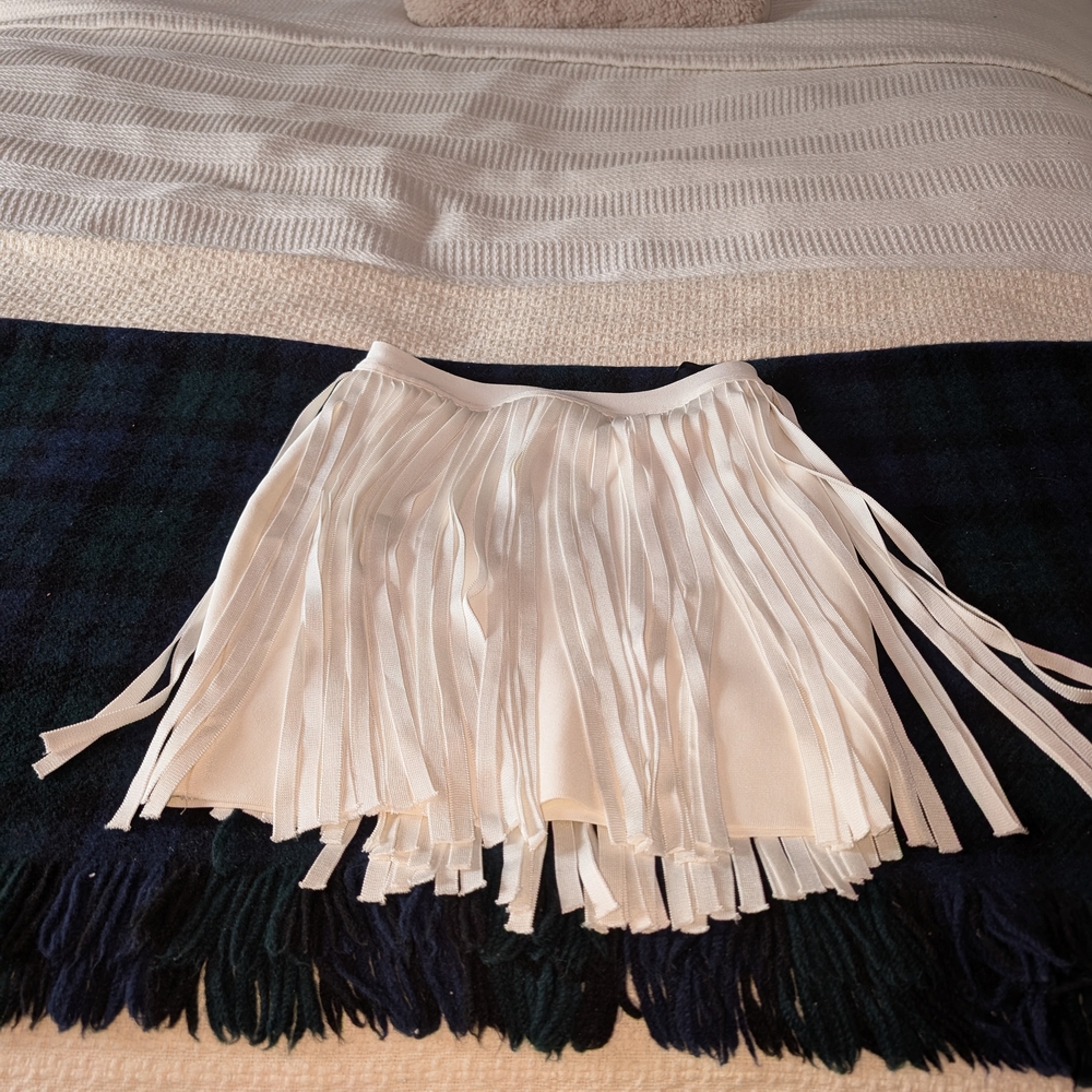 Herve Leger + Forever 21 Collab Cream Fringe Pleated Mini Skirt